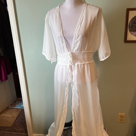 White sheer Cotton/blend Long crochet eyelet lace swim dress coverup tie waist - Picture 4 of 9